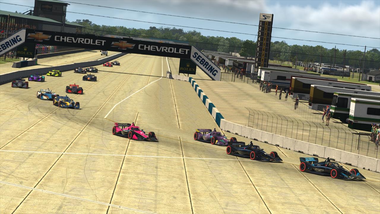 Alex Palou and Sage Karam lead the field into Turn 1 to start on course during Race 3 of the INDYCAR iRacing Challenge Season 2 at the virtual Sebring International Raceway -- Photo by:  Photo Courtesy of iRacing